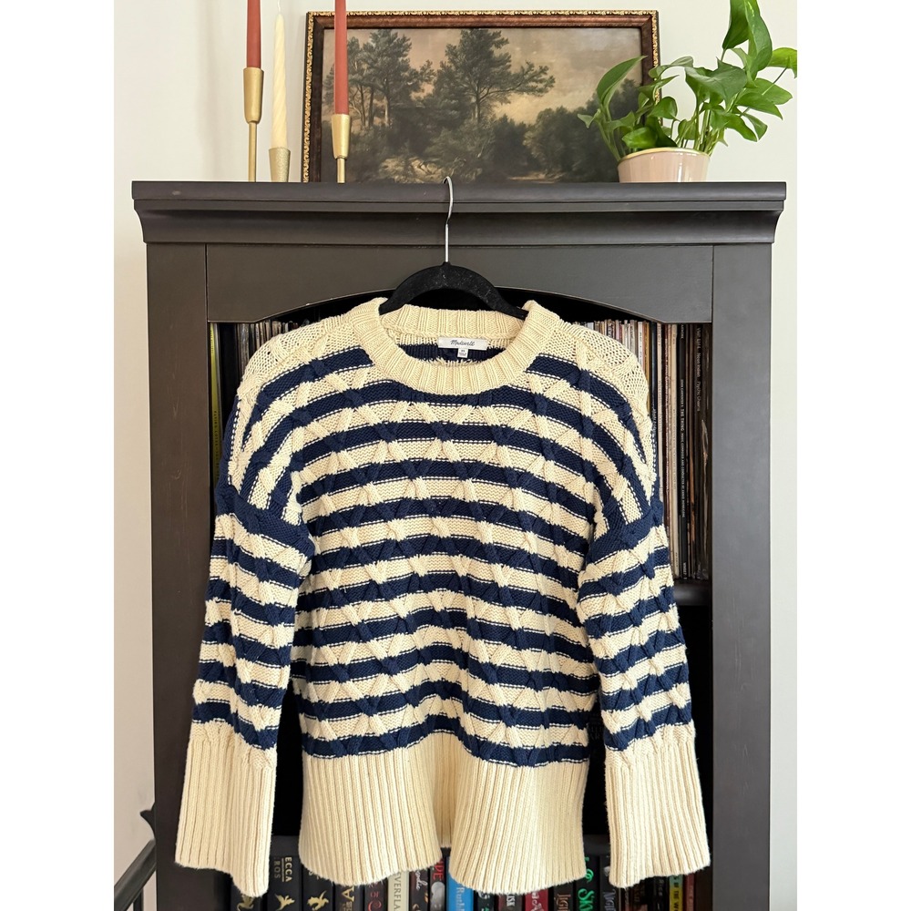 Madewell Striped Cable Knit Sweater XS Cotton Pullover Fisherman Coastal Grandma